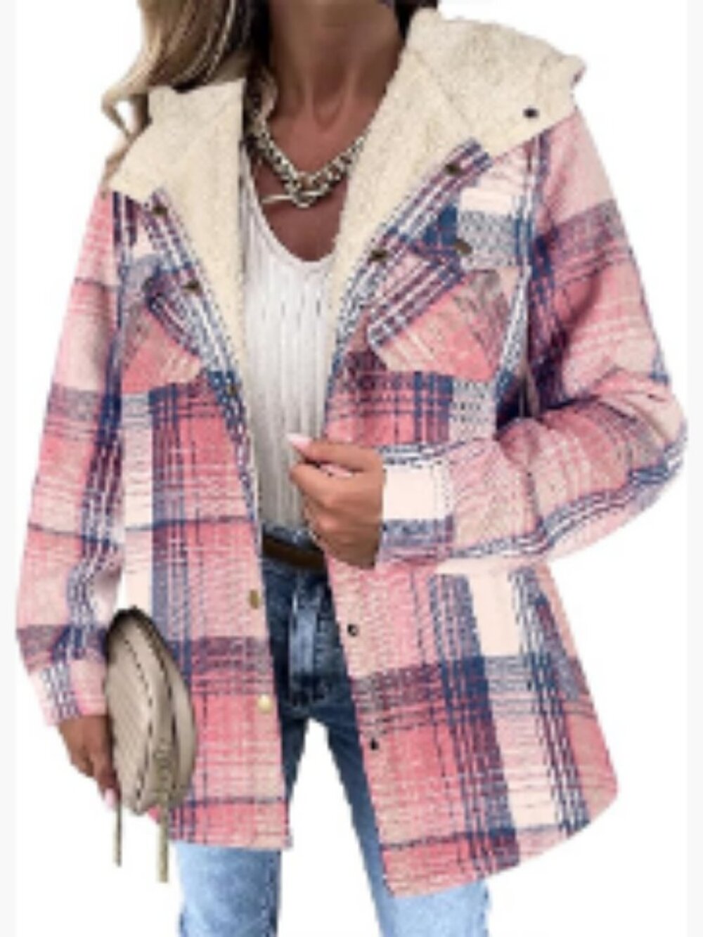 Womens Plaid Shacket Fleece Hooded Jacket Long Sleeve Sherpa Lined
